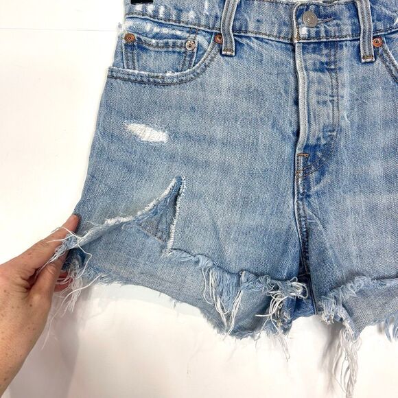 Levi's Jean Shorts Womens Size 27 Blue Denim High Rise Wedgie Distressed Cut Off - Picture 3 of 13